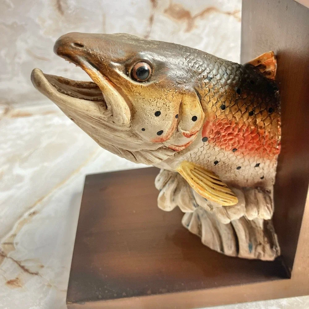 VTG Sterling Rainbow Trout Freshwater Fish Bookends Resin & Wood Rustic